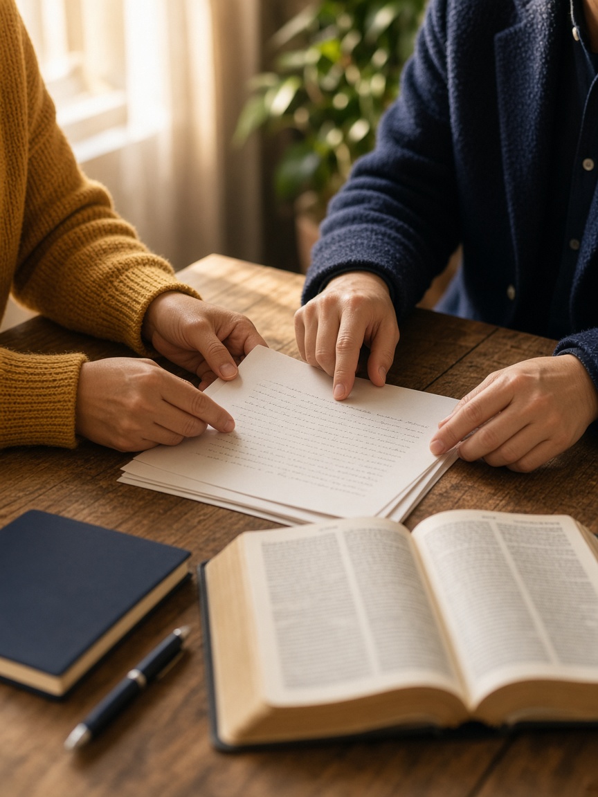 Emmaus ghostwriter and Christian author reviewing a manuscript together in warm natural light